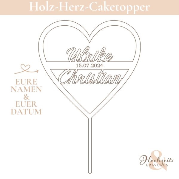 Individueller Herz-Caketopper aus Holz oder Acryl